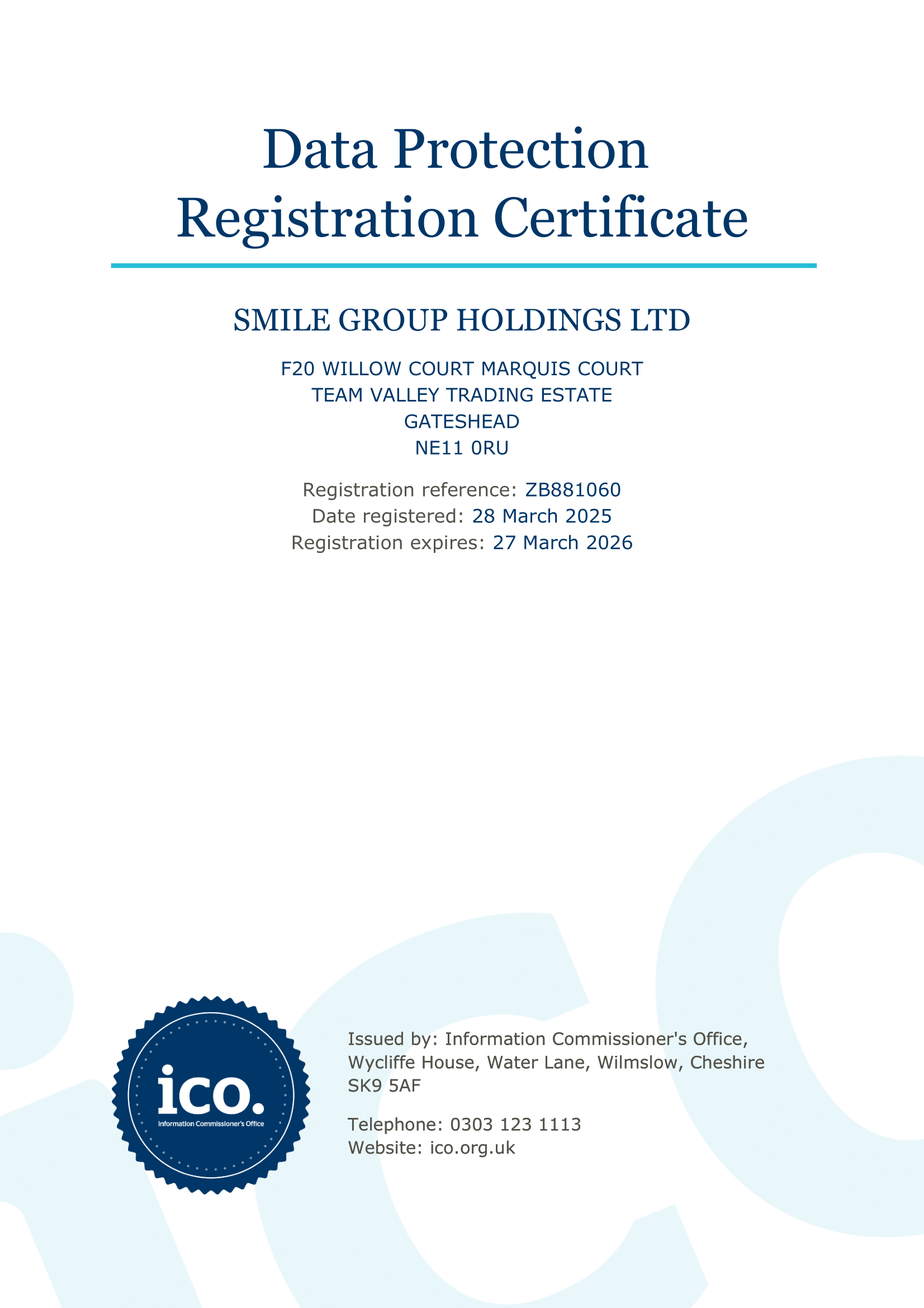 Smile Group Holdings Ltd — ICO Data Protection Registration Certificate